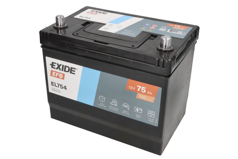 Акумулатор EXIDE 12V 75Ah/750A EFB (R+ стандартен полюс) 260x173x222 B00 - без фиксиращ фланец (efb) (EL754)
