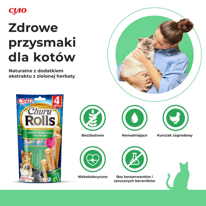 INABA Churu Rolls с пилешко месо, рецепта за рулца с риба тон - лакомства за котки - 4x10 г