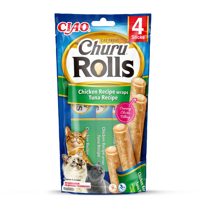 INABA Churu Rolls с пилешко месо, рецепта за рулца с риба тон - лакомства за котки - 4x10 г