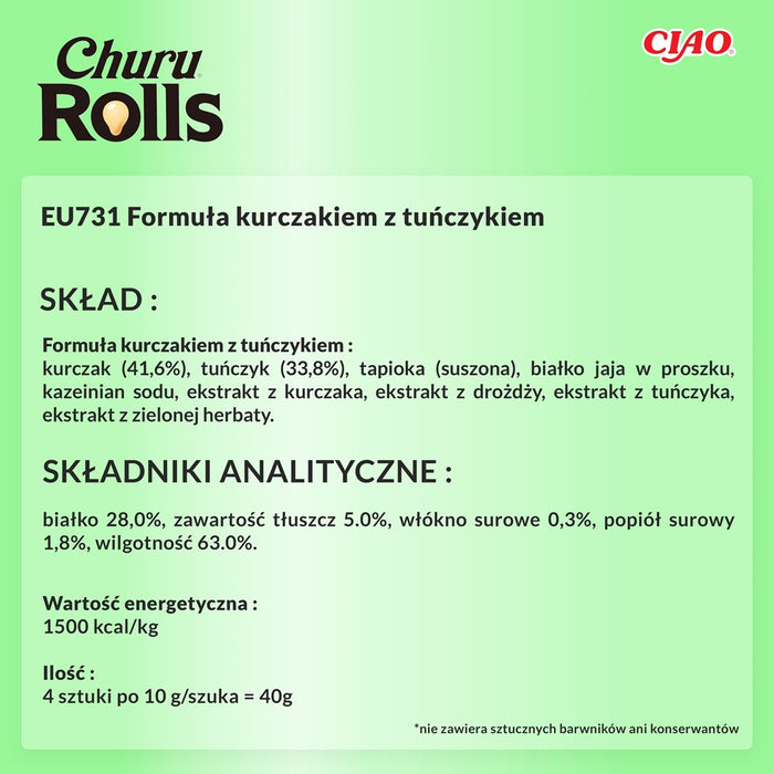 INABA Churu Rolls с пилешко месо, рецепта за рулца с риба тон - лакомства за котки - 4x10 г