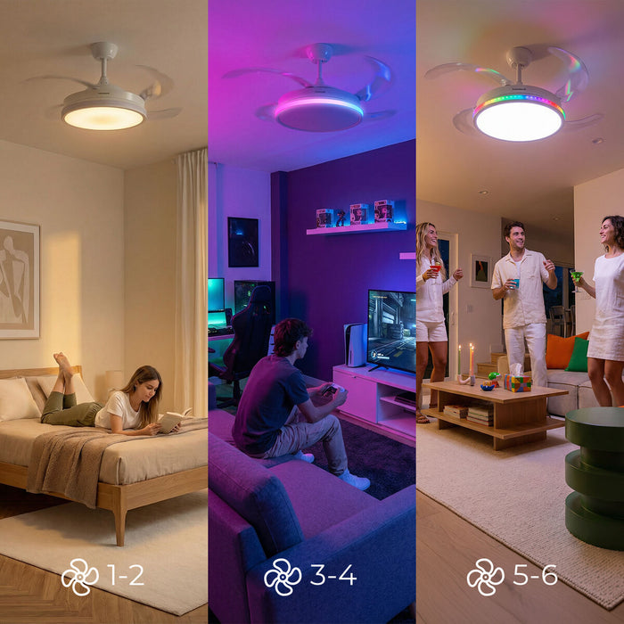 Таванен вентилатор с RGB LED осветление, 4 прибиращи се перки и дистанционно управление InnovaGoods