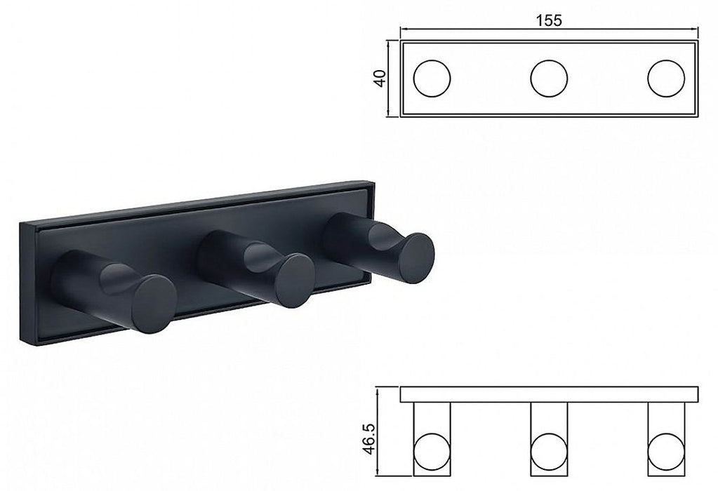 Тройна закачалка Inter Ceramic - Modena Black Matt, 4.65 x 4 x 15.5 cm, черен мат