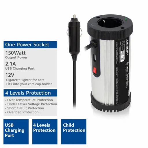 Инвертор Ewent EM3995 DC/AC 12V/230V 150W USB 2.1 A Сребрист