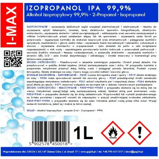 Изопропилов алкохол Изопропанол IPA I-MAX 99,9% 1l