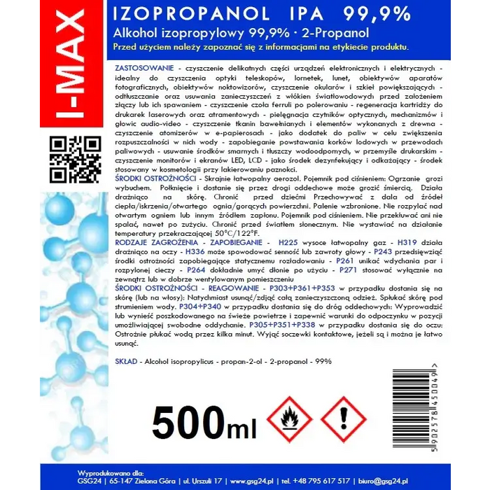 Изопропилов алкохол Изопропанол IPA I-MAX 99.9% спрей 500ml
