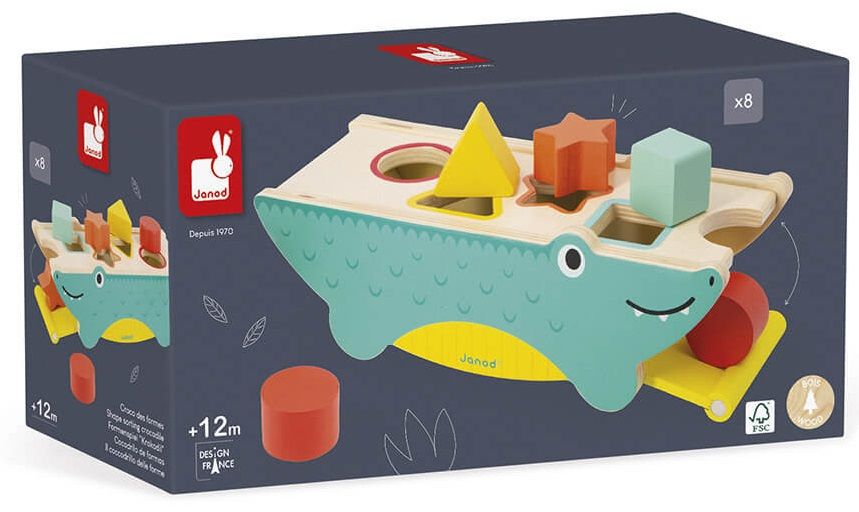 Дървена играчка за сортиране Janod - Крокодил, с 8 формички