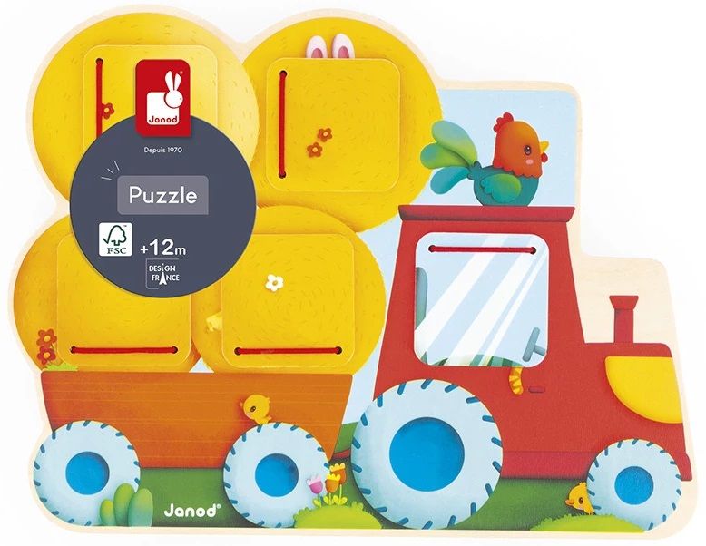 Дървена играчка Janod - Потърси и намери, фермерски трактор