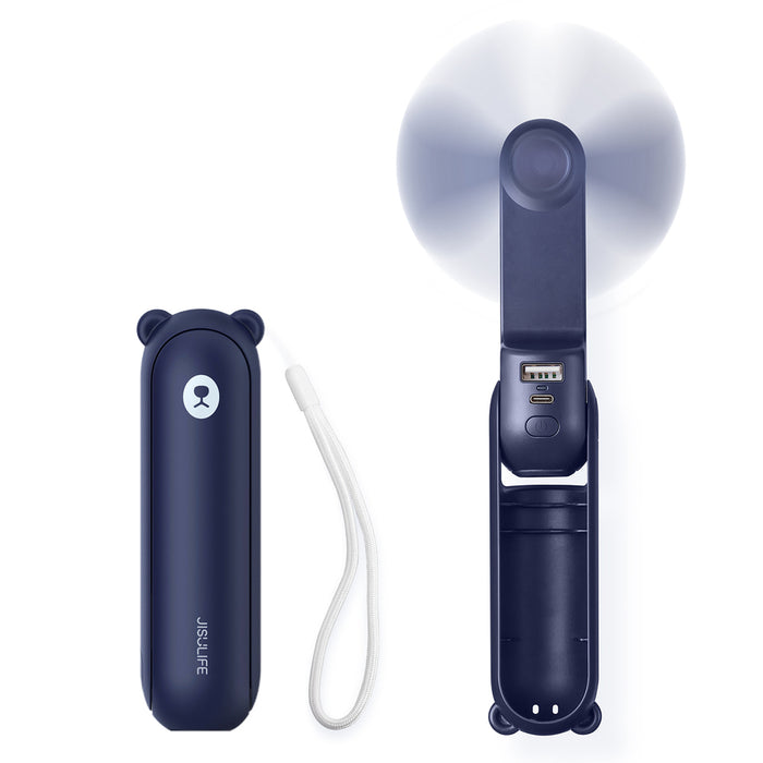 Ръчен вентилатор Jisulife Life8 Мини преносим USB вентилатор с функция Преносима батерия Powerbank 2000mAh и фенерче - син