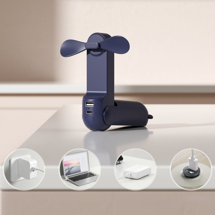 Ръчен вентилатор Jisulife Life8 Мини преносим USB вентилатор с функция Преносима батерия Powerbank 2000mAh и фенерче - син