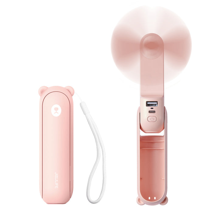 Ръчен вентилатор Jisulife Life8 Портативен USB вентилатор с функция Преносима батерия Powerbank 2000mAh и фенерче - розов