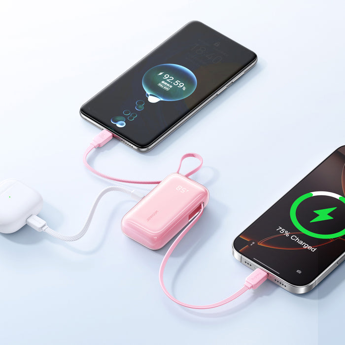 Външна батерия Joyroom JR-PR2L 10000mAh 35W с вграден прибиращ се USB-C кабел и USB-C кабел за връзка - розова