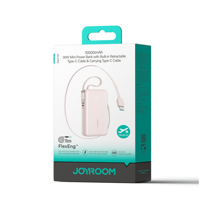 Външна батерия Joyroom JR-PR2L 10000mAh 35W с вграден прибиращ се USB-C кабел и USB-C кабел за връзка - розова