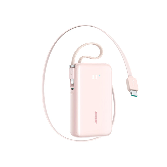 Външна батерия Joyroom JR-PR2L 10000mAh 35W с вграден прибиращ се USB-C кабел и Lightning кабел за връзка - розова