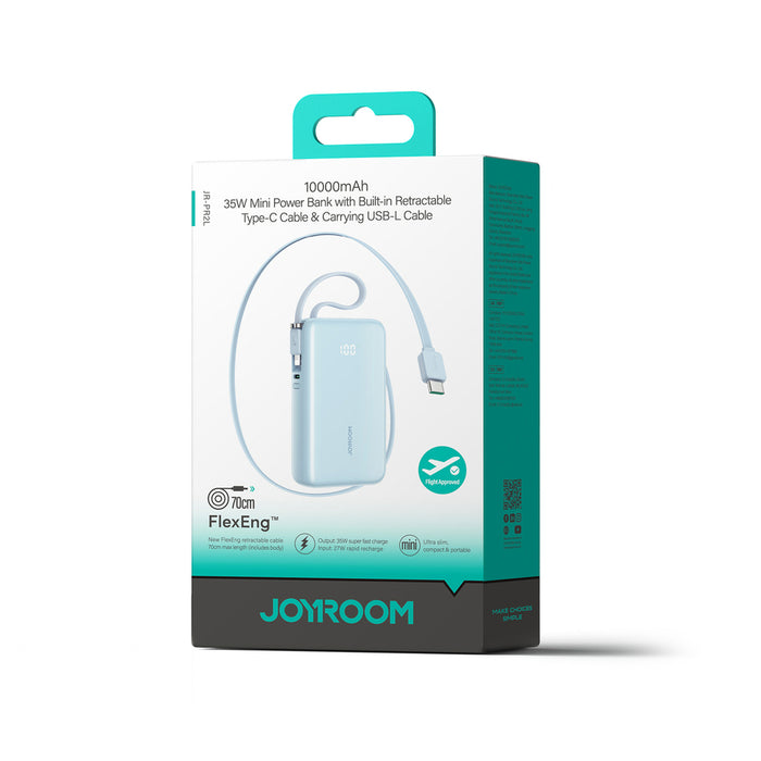 Външна батерия Joyroom JR-PR2L 10000mAh 35W с вграден прибиращ се USB-C кабел и Lightning кабел за връзка - синя