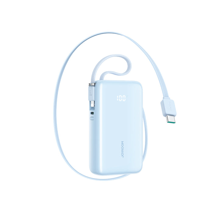 Външна батерия Joyroom JR-PR2L 10000mAh 35W с вграден прибиращ се USB-C кабел и Lightning кабел за връзка - синя