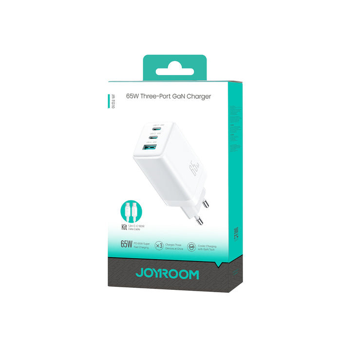 Зарядно за стена Joyroom JR-TG10 65W GaN 2x USB-C + USB-A със 100W USB-C - USB-C 1.2m кабел - бяло