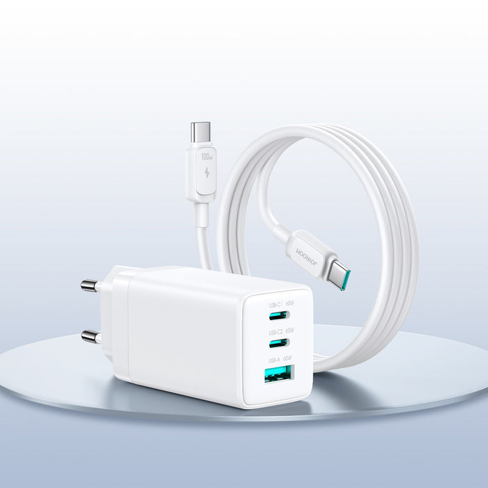 Зарядно за стена Joyroom JR-TG10 65W GaN 2x USB-C + USB-A със 100W USB-C - USB-C 1.2m кабел - бяло