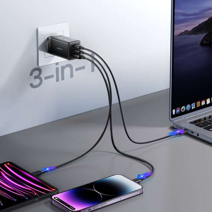 Зарядно за стена Joyroom JR-TG10 65W GaN 2x USB-C + USB-A със 100W USB-C - USB-C 1.2m кабел - черно