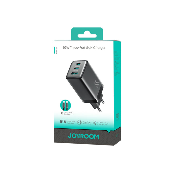 Зарядно за стена Joyroom JR-TG10 65W GaN 2x USB-C + USB-A със 100W USB-C - USB-C 1.2m кабел - черно