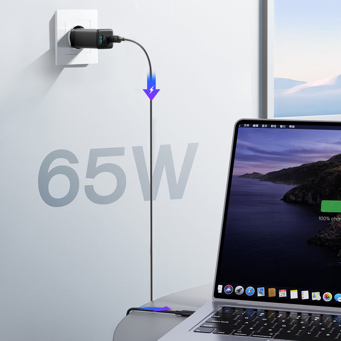 Зарядно за стена Joyroom JR-TG10 65W GaN 2x USB-C + USB-A със 100W USB-C - USB-C 1.2m кабел - черно
