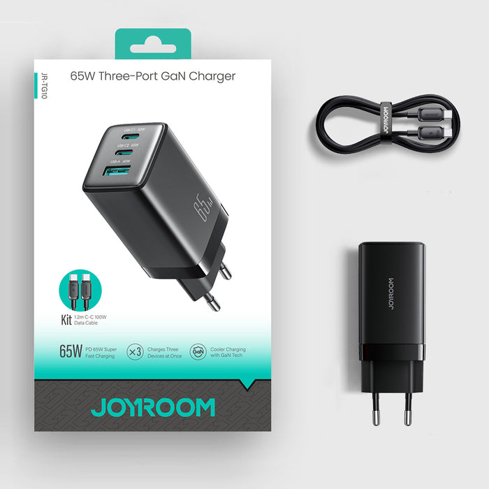 Зарядно за стена Joyroom JR-TG10 65W GaN 2x USB-C + USB-A със 100W USB-C - USB-C 1.2m кабел - черно