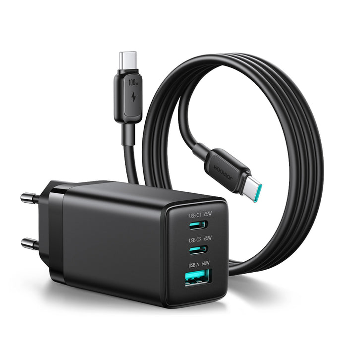 Зарядно за стена Joyroom JR-TG10 65W GaN 2x USB-C + USB-A със 100W USB-C - USB-C 1.2m кабел - черно