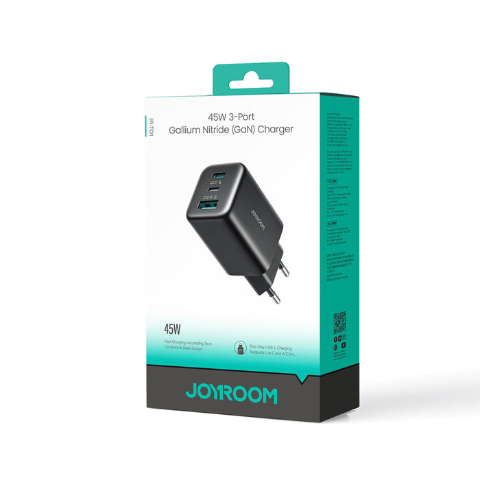 Зарядно за стена Joyroom JR-TO1 GaN 45 USB-C Lightning USB-A - черно