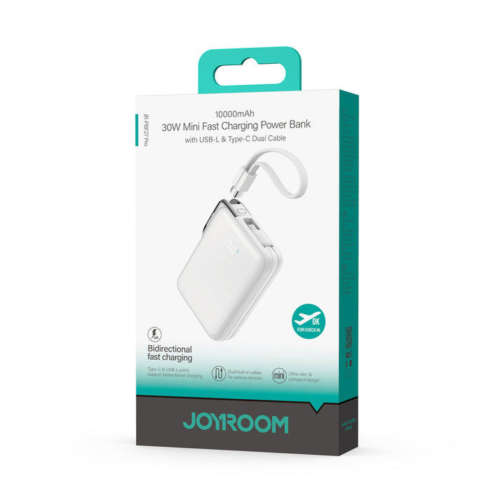 Външна батерия Joyroom JR-PBF27 Pro 10000mAh 30W с вграден USB-C кабел и допълнителен двупосочен USB-C към Lightning кабел - бяла
