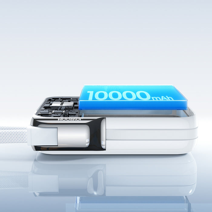 Външна батерия Joyroom JR-PBF27 Pro 10000mAh 30W с вграден USB-C кабел и допълнителен двупосочен USB-C към Lightning кабел - бяла