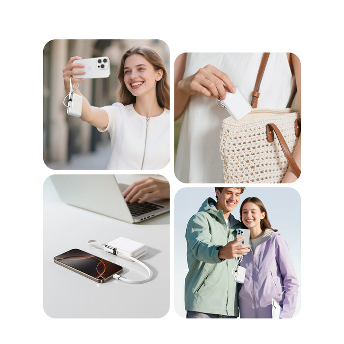 Външна батерия Joyroom JR-PBF27 Pro 10000mAh 30W с вграден USB-C кабел и допълнителен двупосочен USB-C към Lightning кабел - бяла