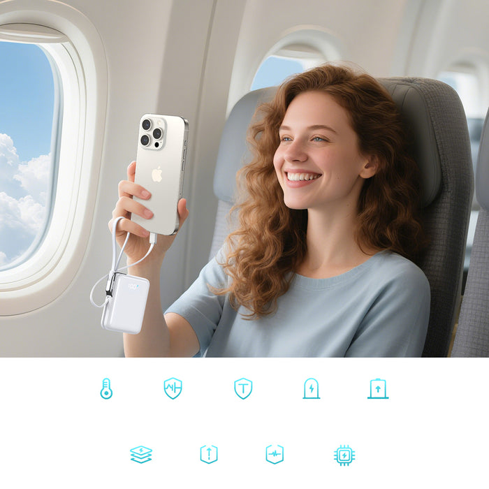 Външна батерия Joyroom JR-PBF27 Pro 10000mAh 30W с вграден USB-C кабел и допълнителен двупосочен USB-C към Lightning кабел - бяла