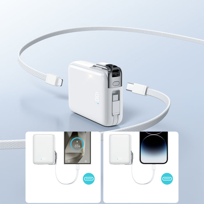 Външна батерия Joyroom JR-PBF27 Pro 10000mAh 30W с вграден USB-C кабел и допълнителен двупосочен USB-C към Lightning кабел - бяла