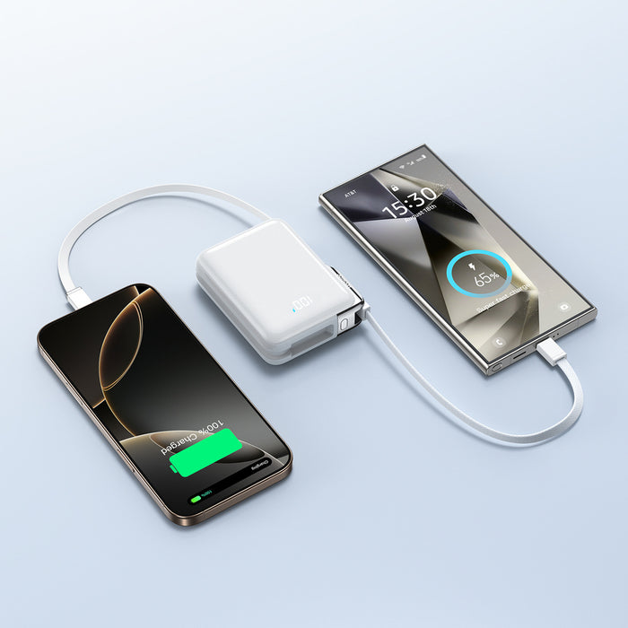 Външна батерия Joyroom JR-PBF27 Pro 10000mAh 30W с вграден USB-C кабел и допълнителен двупосочен USB-C към Lightning кабел - бяла