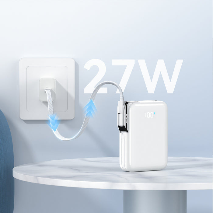 Външна батерия Joyroom JR-PBF27 Pro 10000mAh 30W с вграден USB-C кабел и допълнителен двупосочен USB-C към Lightning кабел - бяла