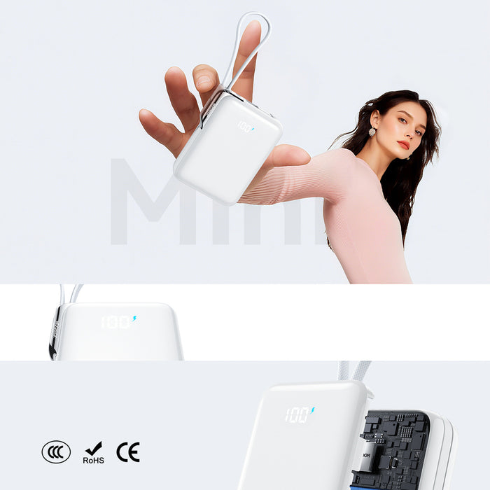 Външна батерия Joyroom JR-PBF27 Pro 10000mAh 30W с вграден USB-C кабел и допълнителен двупосочен USB-C към Lightning кабел - бяла