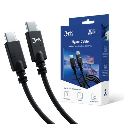 Кабел 3mk Hyper Cable USB-C към USB-C 100W 4K 60Hz 1m черен