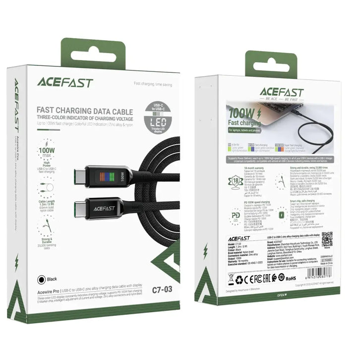 Кабел Acefast C7 - 03 USB - C към 100W 1.2m с дисплей черен
