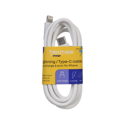 КАБЕЛ USB-C КЪМ LIGHTNING 1M 2.4A БЯЛ TEKMEE