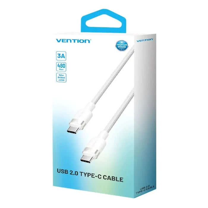 Кабел Vention USB-C към C оплетен 3A 480Mbps 60W 1m бял