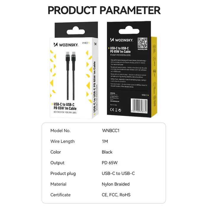 Кабел Wozinsky WNBCC1 USB-C / USB-C PD 65W 1m черен