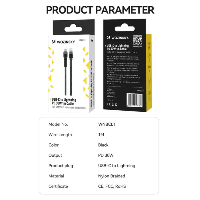 Кабел Wozinsky WNBCL1 Lightning / USB-C PD 30W 1m черен