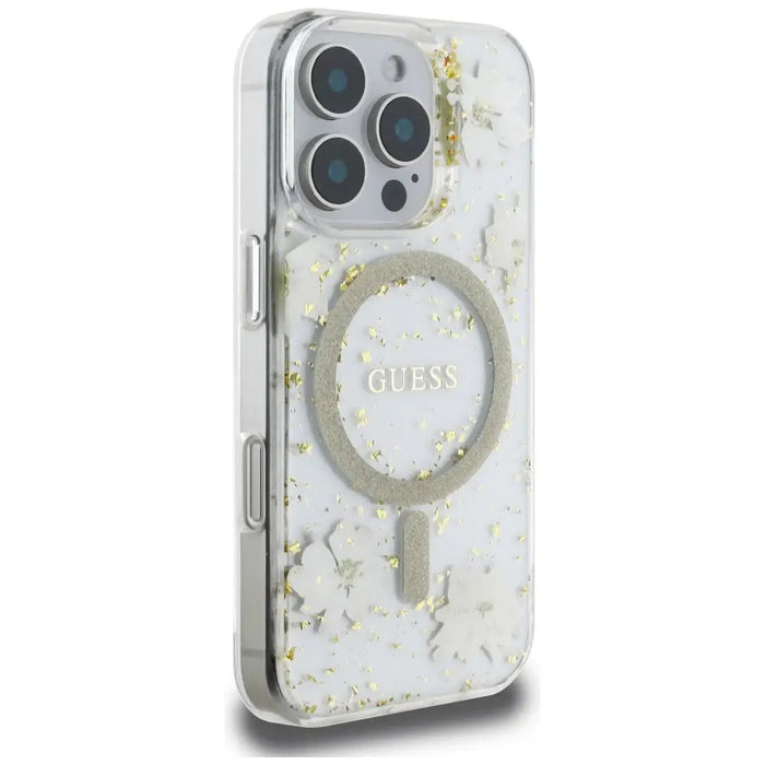 Калъф Guess Resin Flowers Glitter MagSafe за iPhone 16 Pro