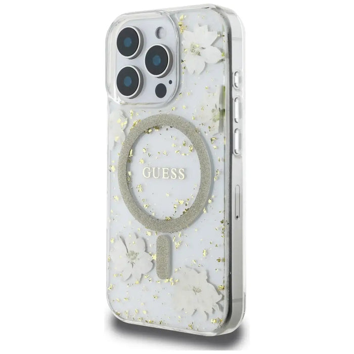 Калъф Guess Resin Flowers Glitter MagSafe за iPhone 16 Pro