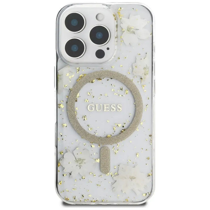 Калъф Guess Resin Flowers Glitter MagSafe за iPhone 16 Pro