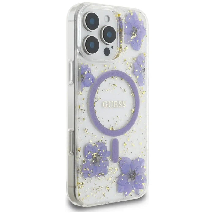 Калъф Guess Resin Flowers MagSafe за iPhone 16 Pro - лилав
