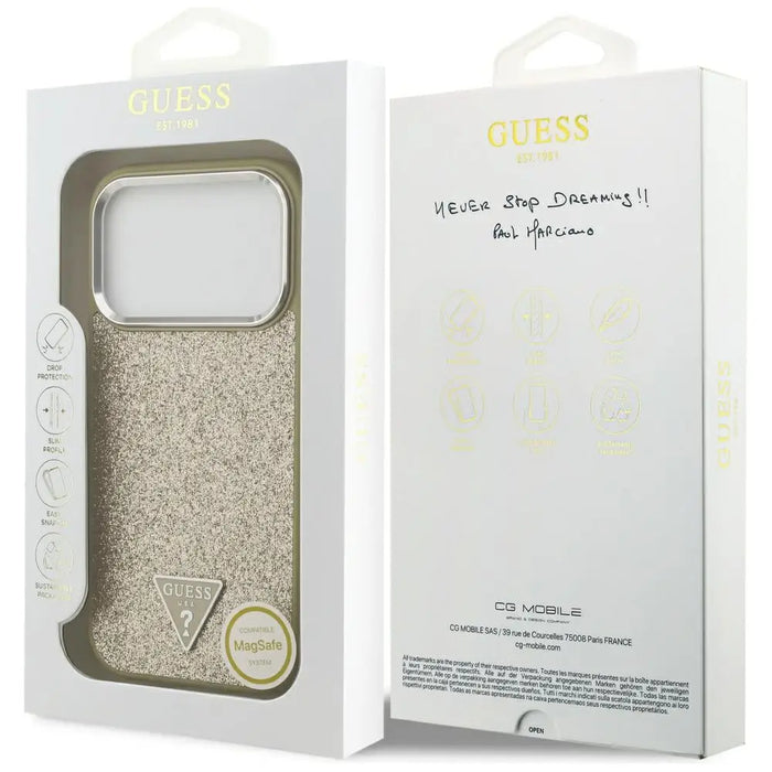 Калъф Guess с брокатено триъгълно лого MagSafe за iPhone 17