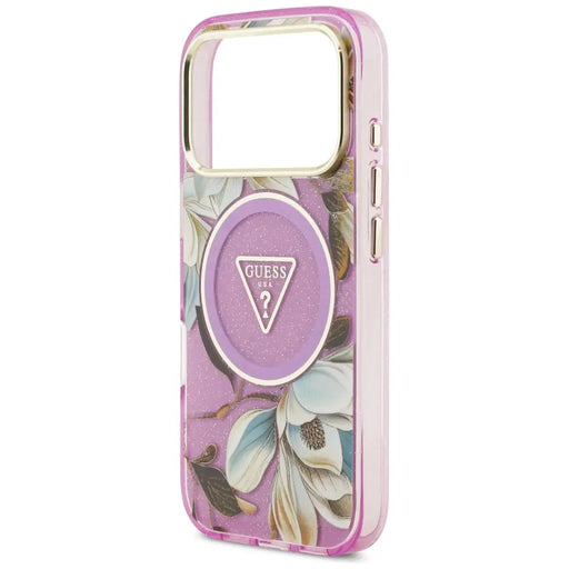 Калъф Guess IML Glitter Flowers Triangle MagSafe за iPhone