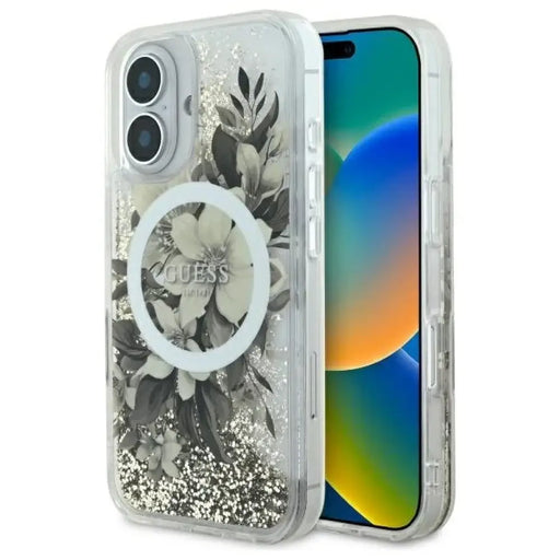 Калъф Guess Liquid Glitter Flower MagSafe за iPhone 16