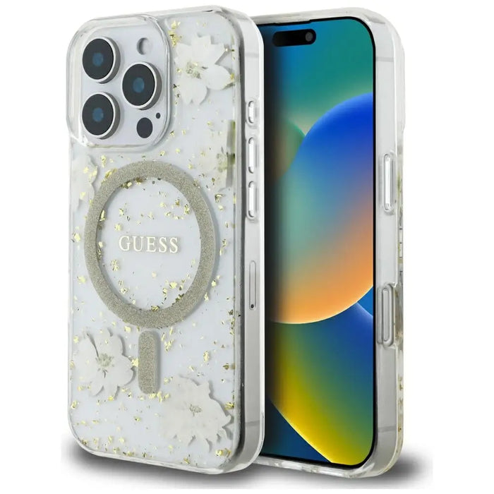 Калъф Guess Resin Flowers Glitter MagSafe за iPhone 16 Pro