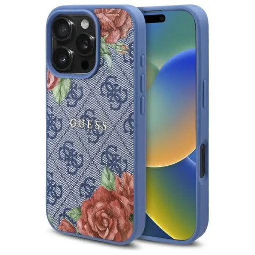 Калъф Guess 4G Flowers Print MagSafe за iPhone 16 Pro - син